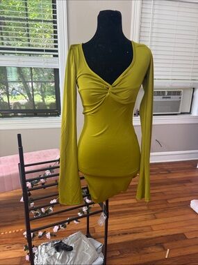 Olive Green Twist-Front Long Sleeve Women's Dress
